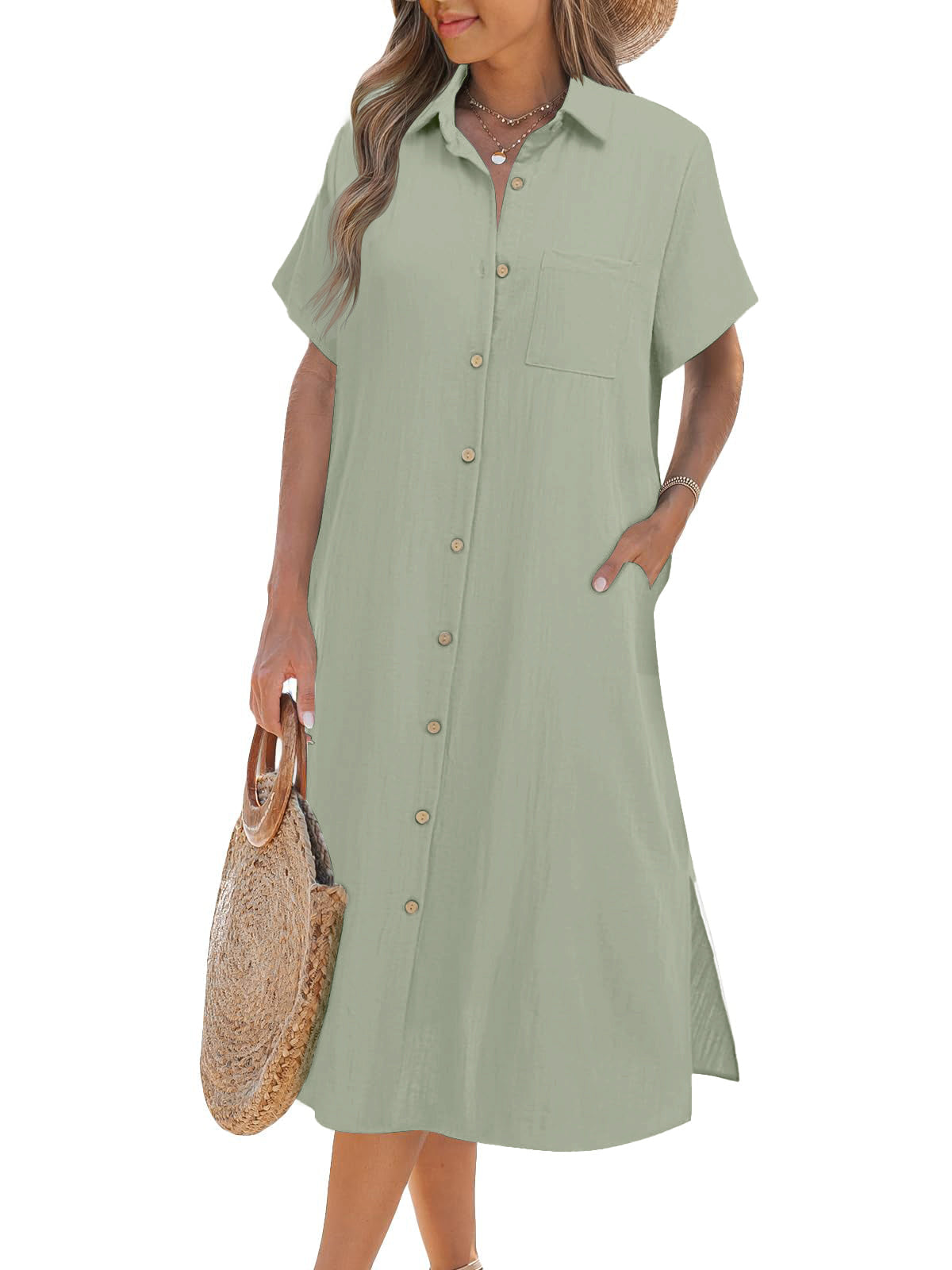 Women's Short Sleeve Button Shirt Dress (Buy 2 Free Shipping)