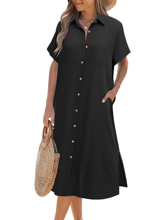 Women's Short Sleeve Button Shirt Dress (Buy 2 Free Shipping)