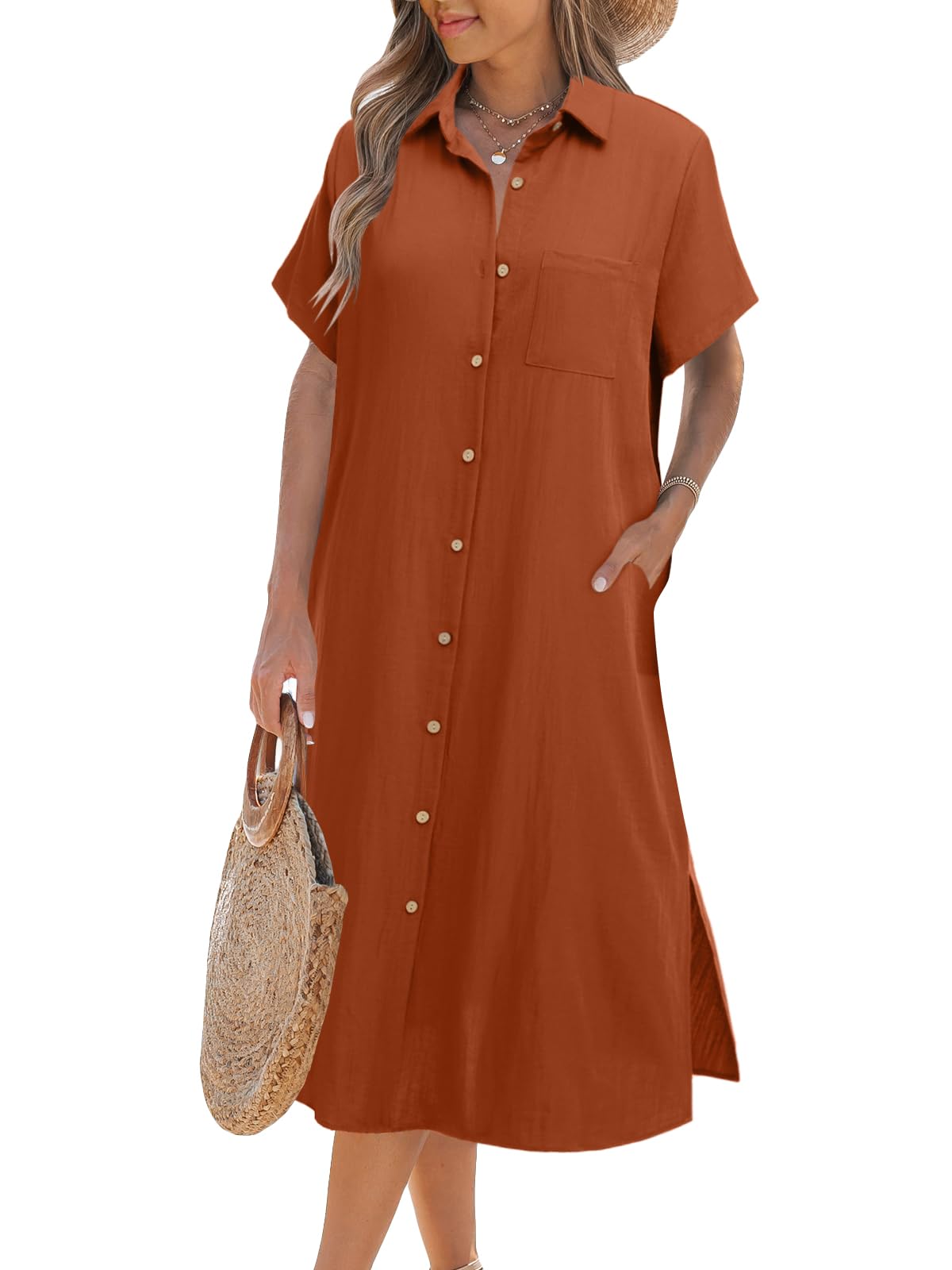 Women's Short Sleeve Button Shirt Dress (Buy 2 Free Shipping)