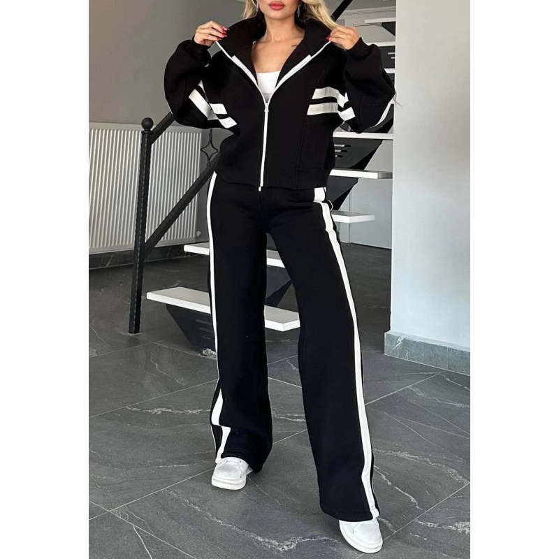 Women's Striped Zipper Jacket & Casual Pants 2-Piece Set